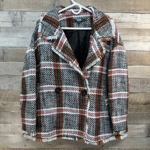 Eva Franco Tweed Plaid Fringe Jacket Orange Black White Purple Size Small